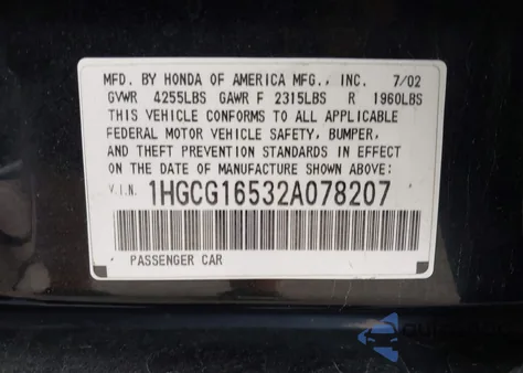 2002 Honda Accord 3.0 Ex from USA, damaged, VIN 1HGCG16532A078207